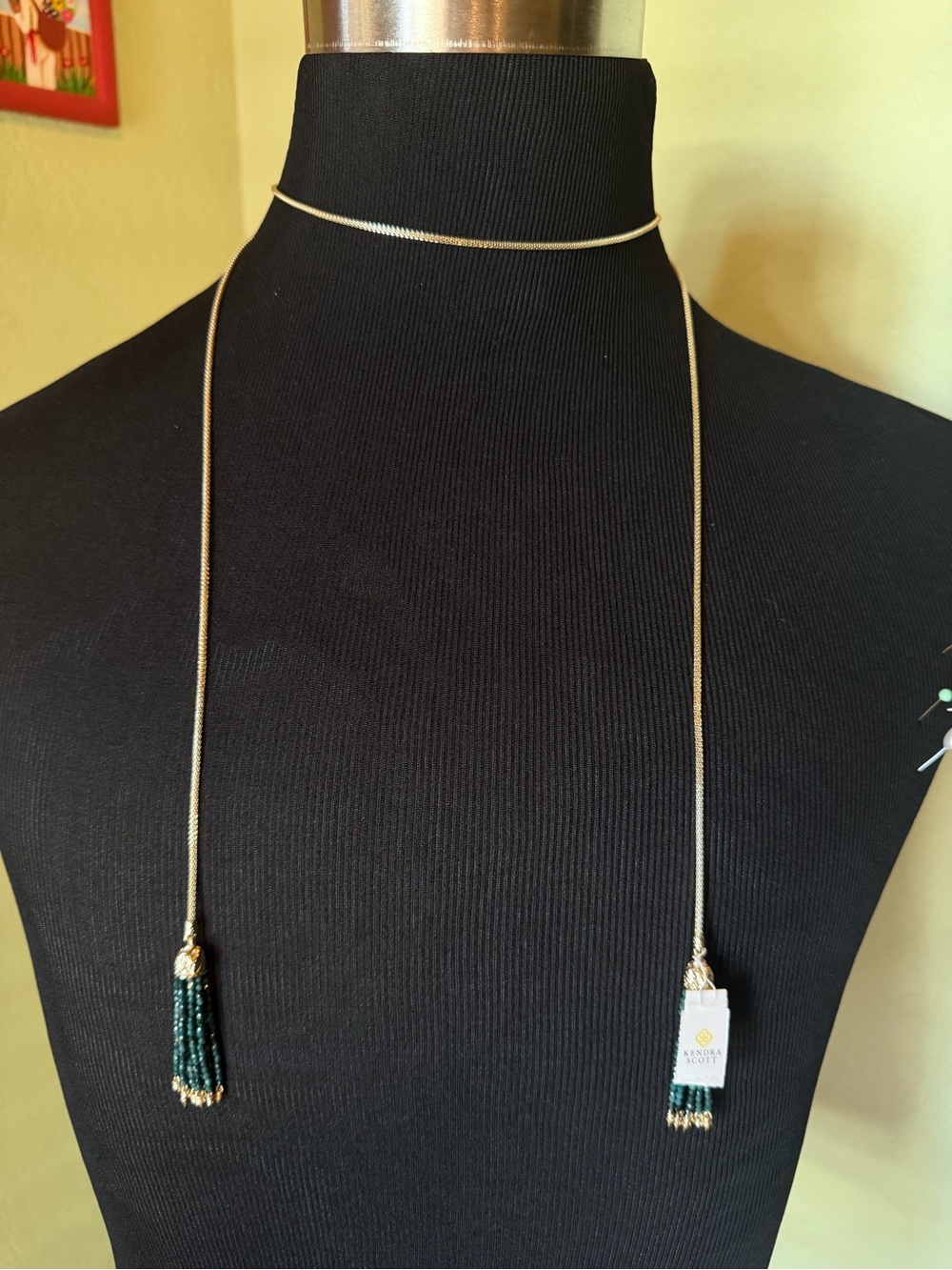 Kendra Scott Gold Lariat Necklace with Green Tassels